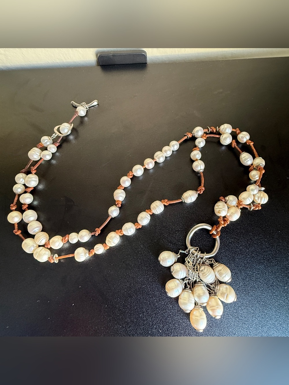 Honora Baroque Pearl Leather Cord Knotted Tassel Necklace 22”